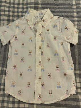 Janie and Jack Cream Button-Up Shirt with Pastel Bunny Print